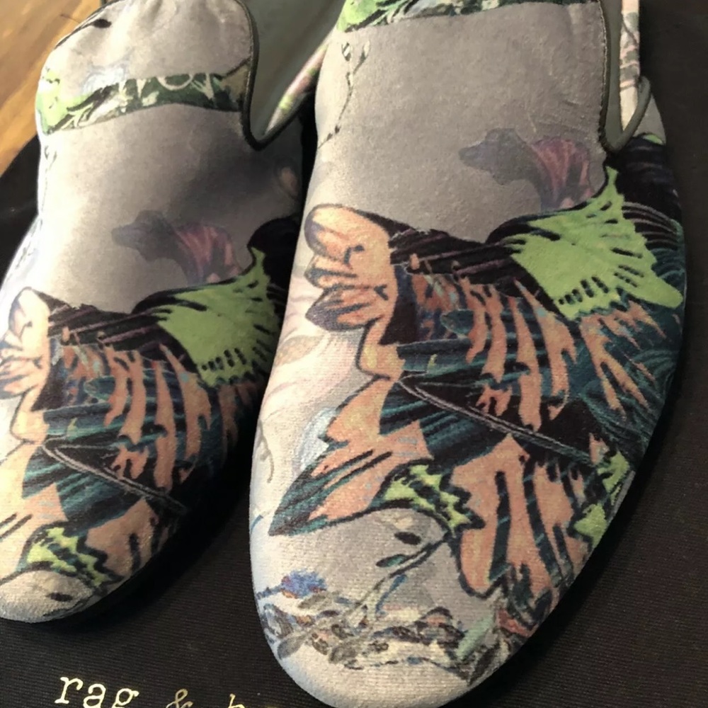 Rag & Bone Savoy Floral Print Velvet Slide Flats Grey Size 8 $425 NWT!!